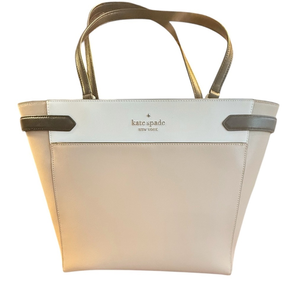 Kate Spade Saffiano Leather Colorblock Staci Laptop Large Tote Warm Beige $450 - Picture 2 of 16